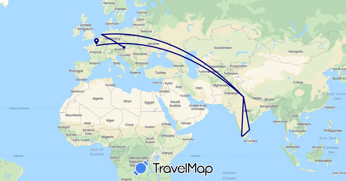 TravelMap itinerary: driving in Austria, France, India, Netherlands (Asia, Europe)